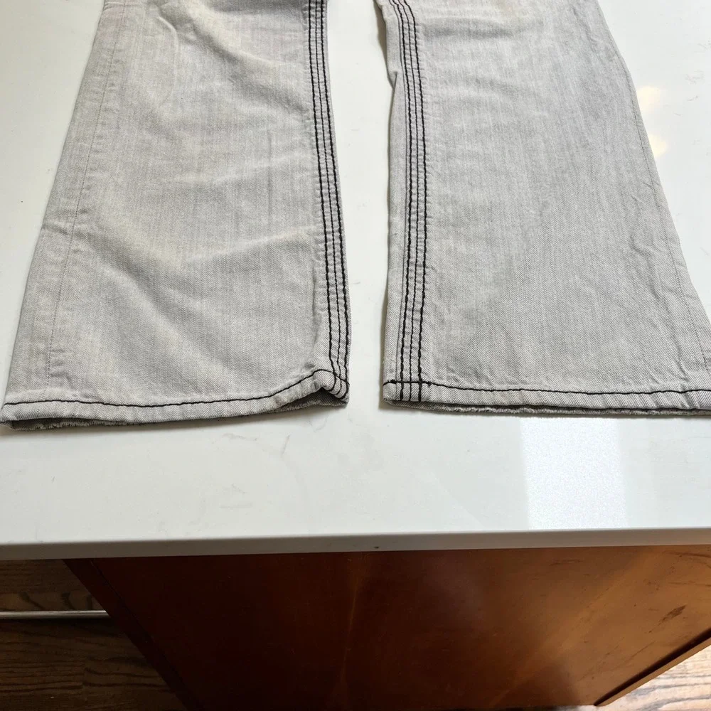 Rock Revival Dan Straight Mens 38 Gray Jeans Heavy Black Stitch Fleur-De-Lis Y2K